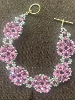 Handcrafted Pink and Silver Beaded Floral Bracelet - for prom or a special event